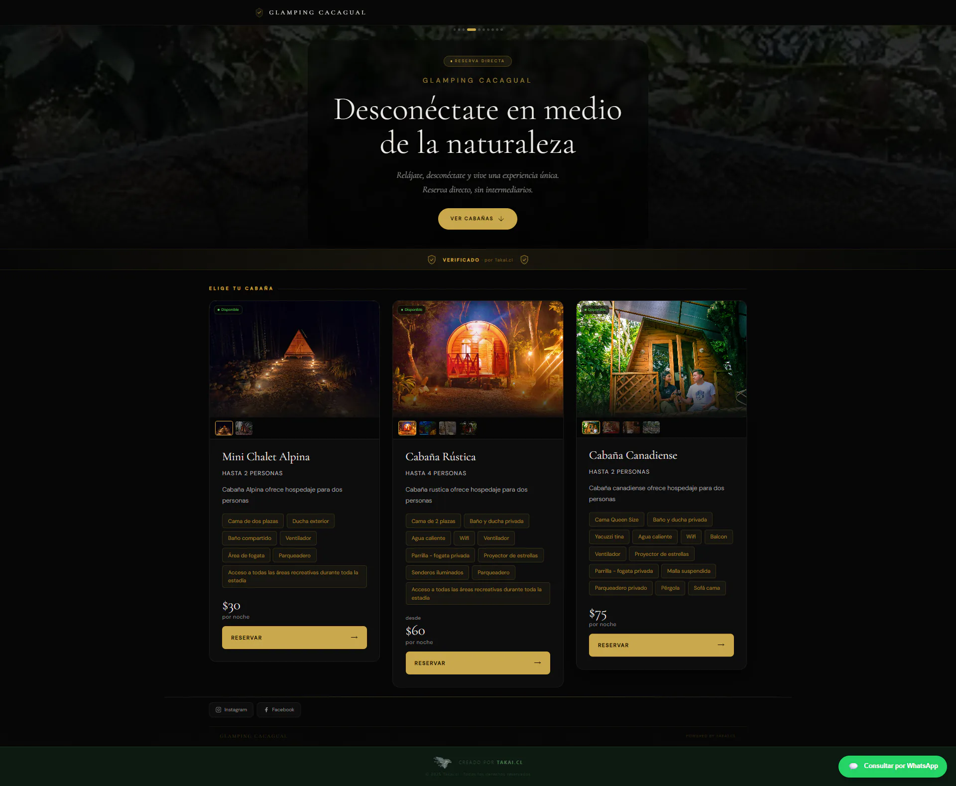 Página pública de Glamping Cacagual creada con Takai